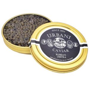 Osetra caviar tin. Black with hints of chestnut color pearls. Tasting notes: Robust nutty flavor with rich buttery finish. Farm raised.